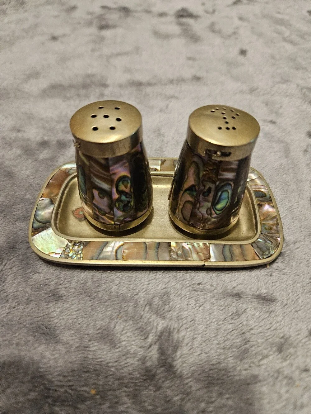 70s Vintage mini Mexican salt and pepper shakers with a matching tray.